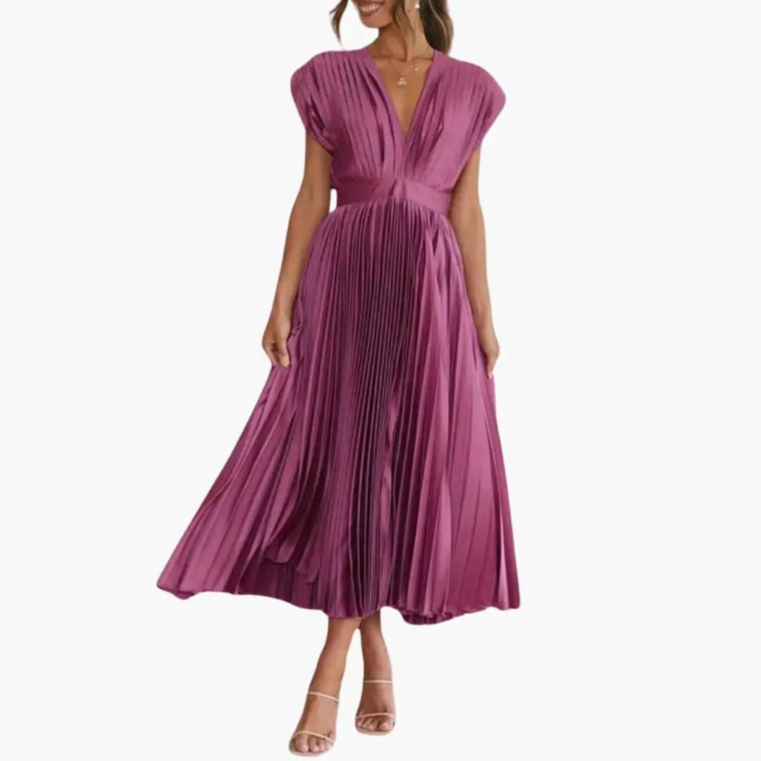 Women’s Sleeveless V-Neck Midi Dress with Pleated Skirt and Defined Waist