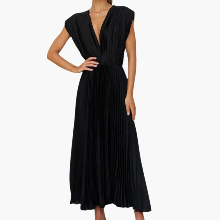 Women’s Sleeveless V-Neck Midi Dress with Pleated Skirt and Defined Waist