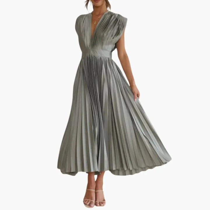 Women’s Sleeveless V-Neck Midi Dress with Pleated Skirt and Defined Waist