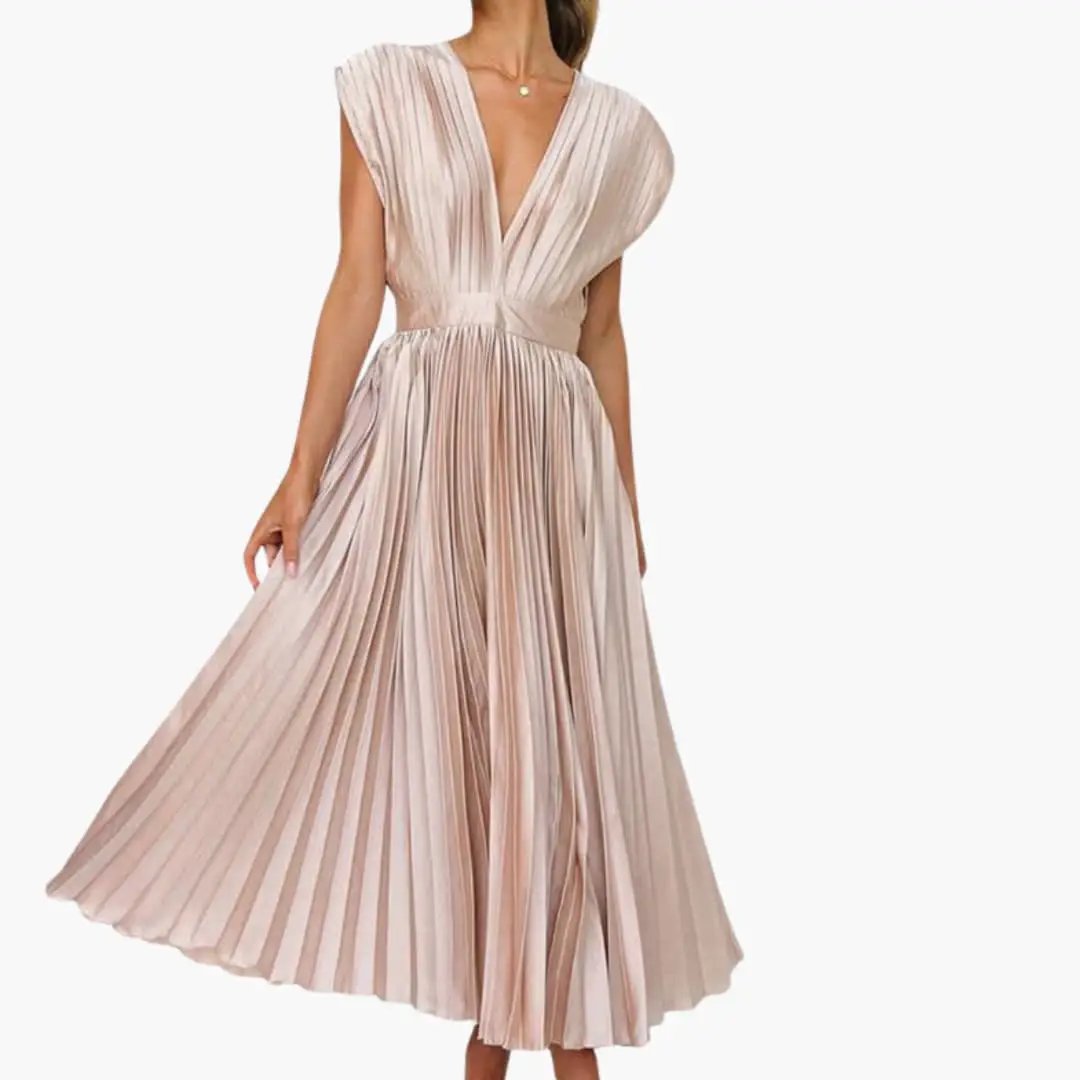 Women’s Sleeveless V-Neck Midi Dress with Pleated Skirt and Defined Waist
