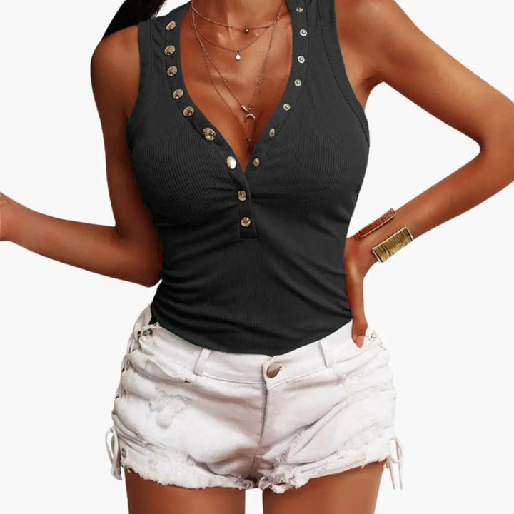 Women's Sleeveless V-Neck Snap Button Top