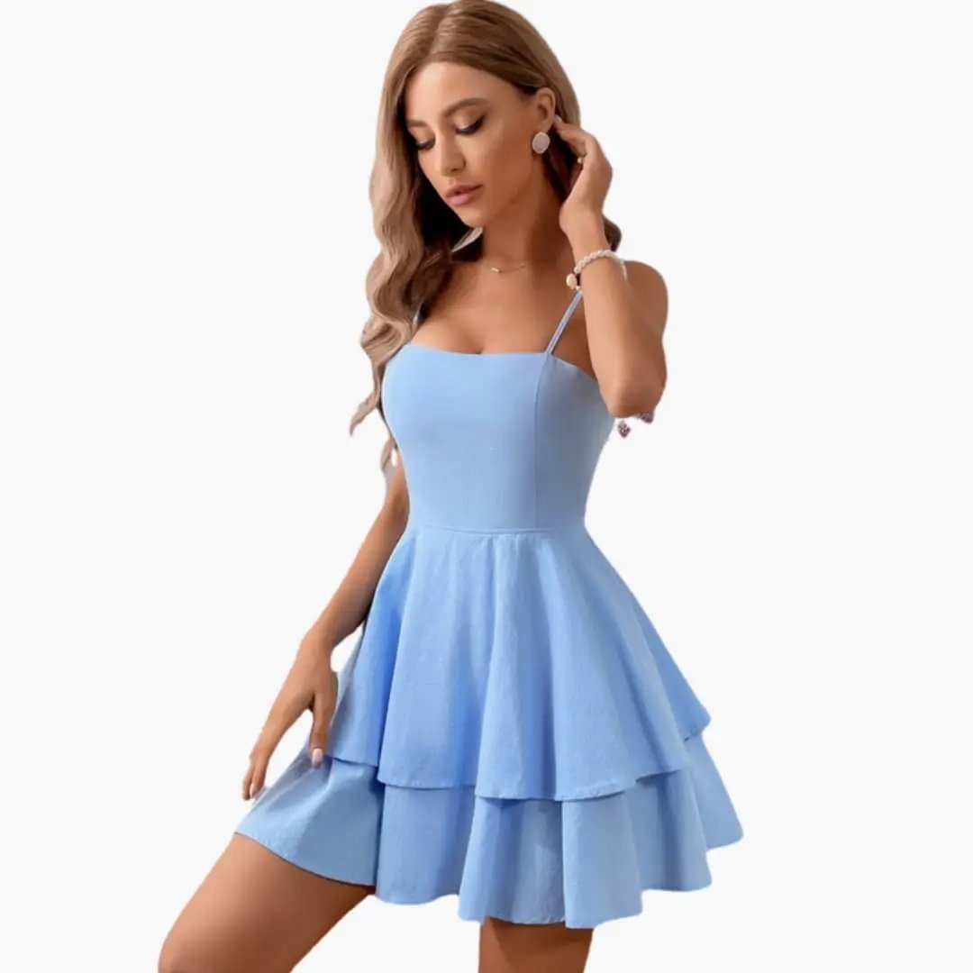 Women’s Spaghetti Strap Mini Dress with Flowy Skirt and Sleeveless Design