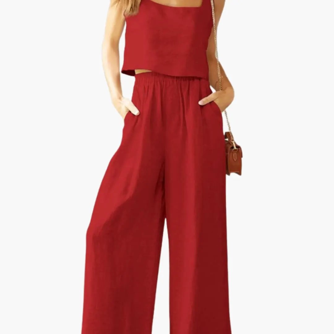 Women’s Square Neck Crop Top and Wide Leg Pants Set – Two-Piece Outfit