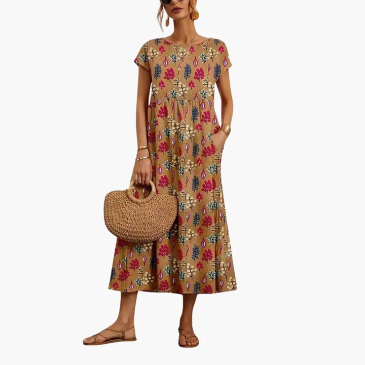 Women’s Straight Cut Midi Dress with Short Sleeves and Round Neck