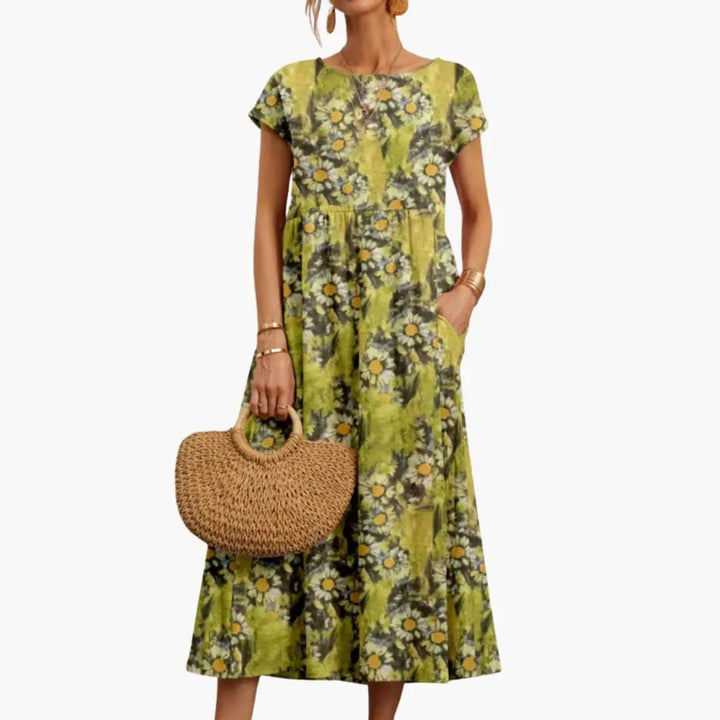 Women’s Straight Cut Midi Dress with Short Sleeves and Round Neck