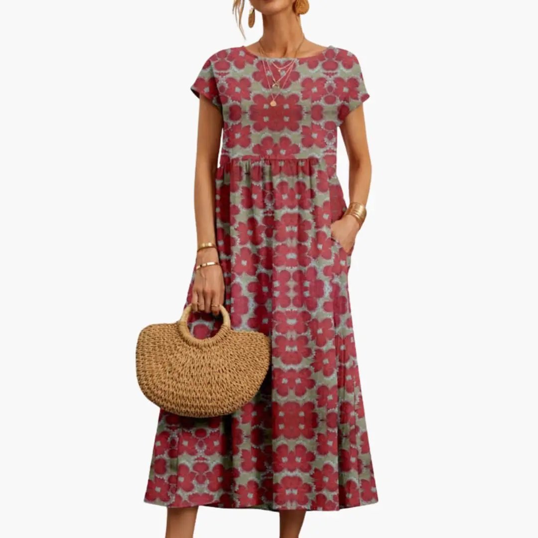 Women’s Straight Cut Midi Dress with Short Sleeves and Round Neck