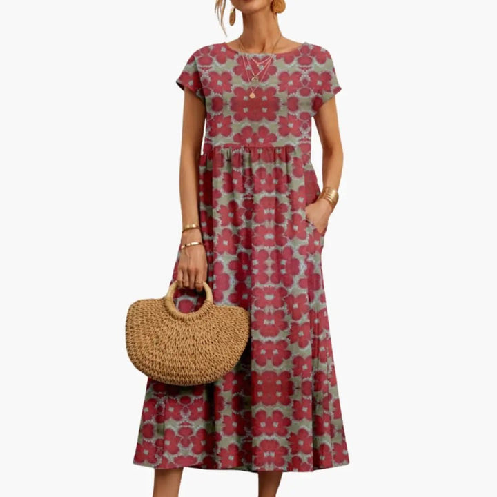 Women’s Straight Cut Midi Dress with Short Sleeves and Round Neck