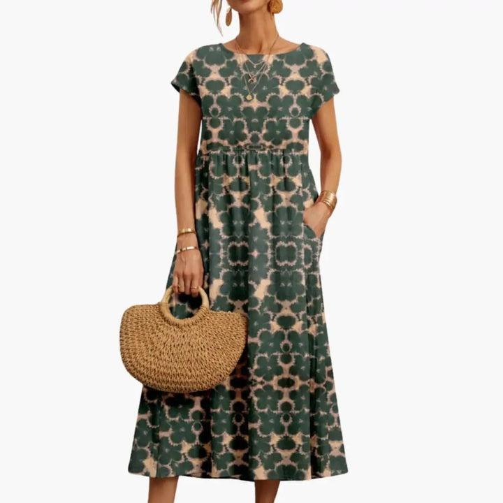 Women’s Straight Cut Midi Dress with Short Sleeves and Round Neck