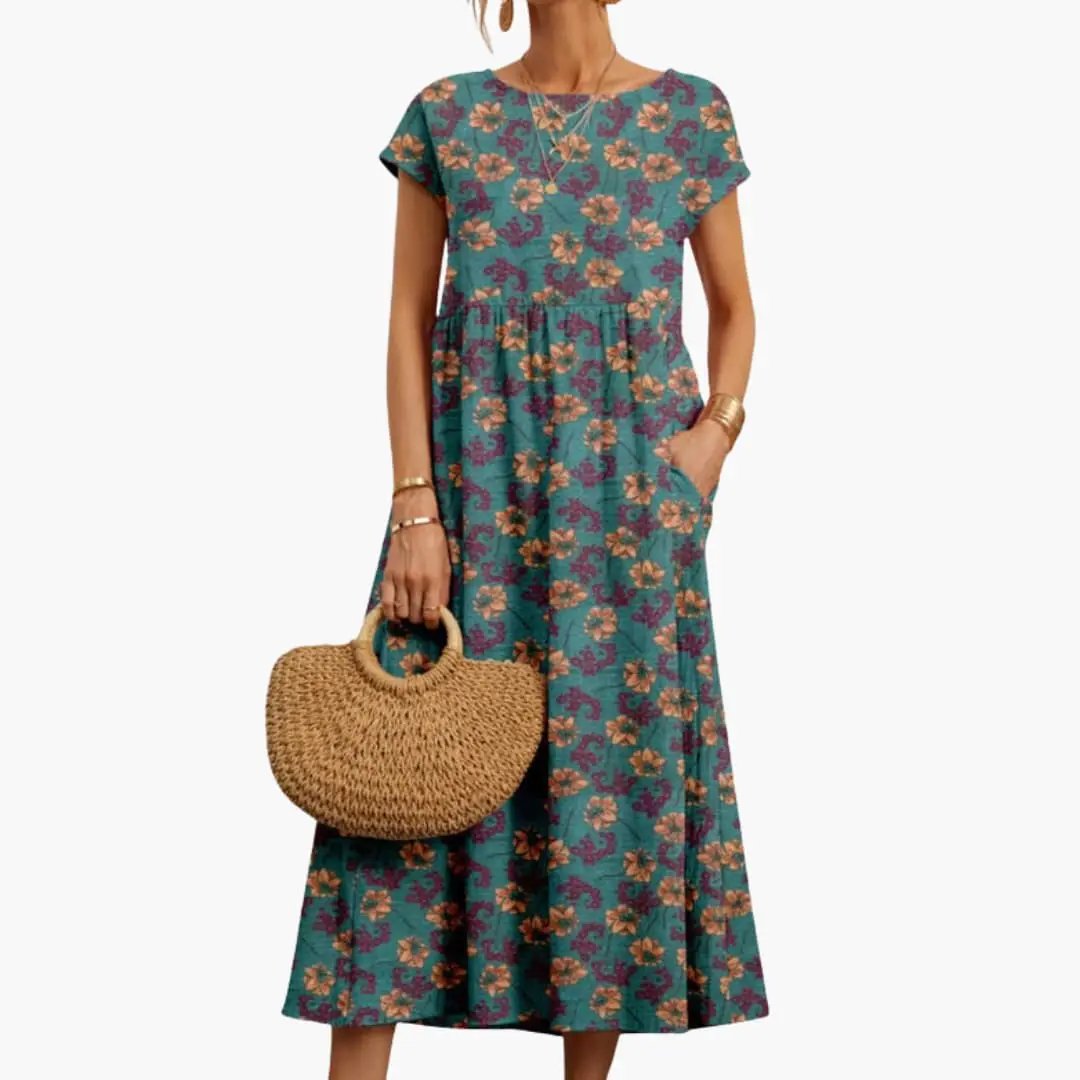 Women’s Straight Cut Midi Dress with Short Sleeves and Round Neck