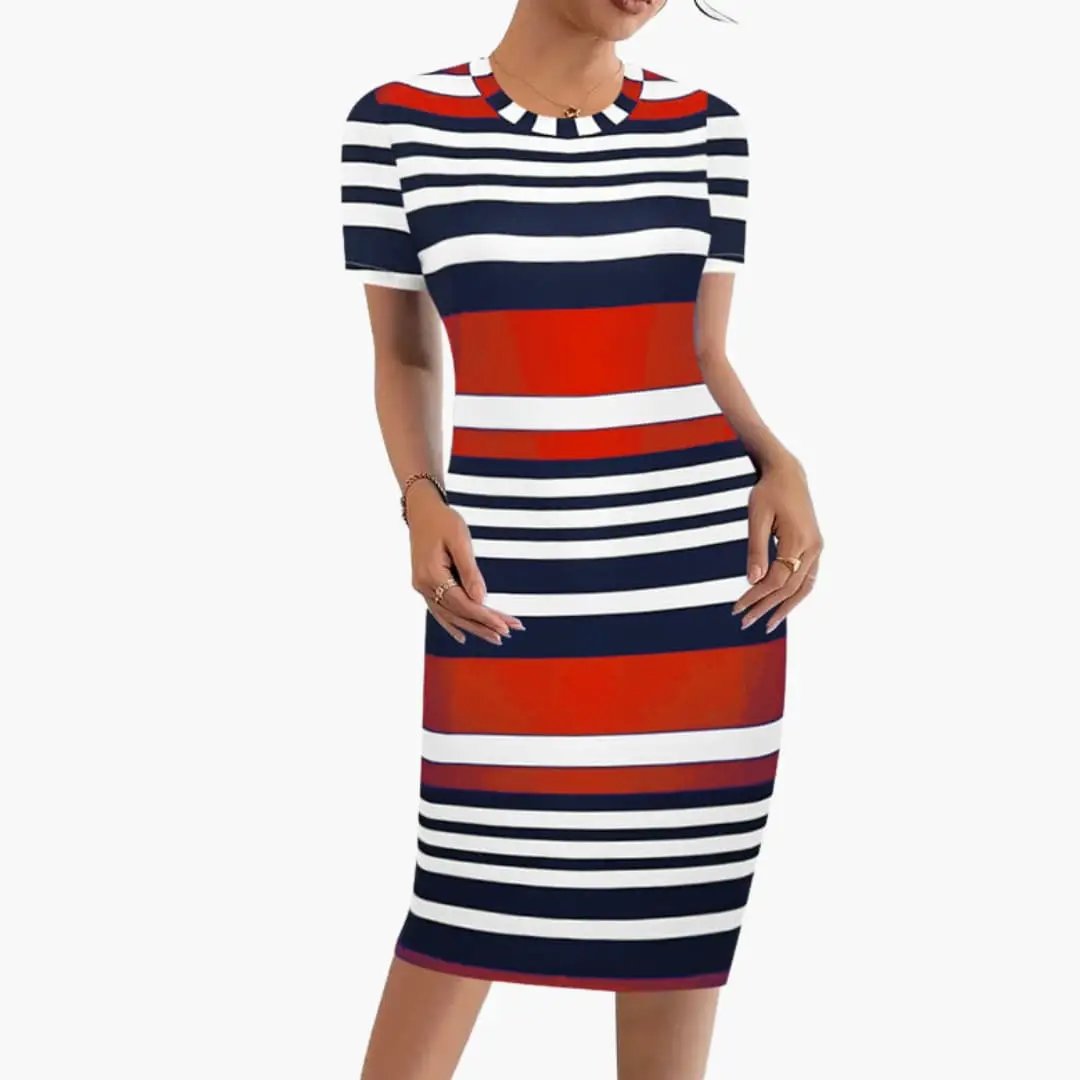 Women’s Striped Dress with Round Neck and Short Sleeves