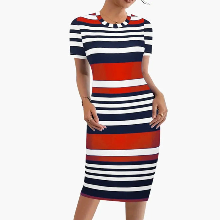 Women’s Striped Dress with Round Neck and Short Sleeves