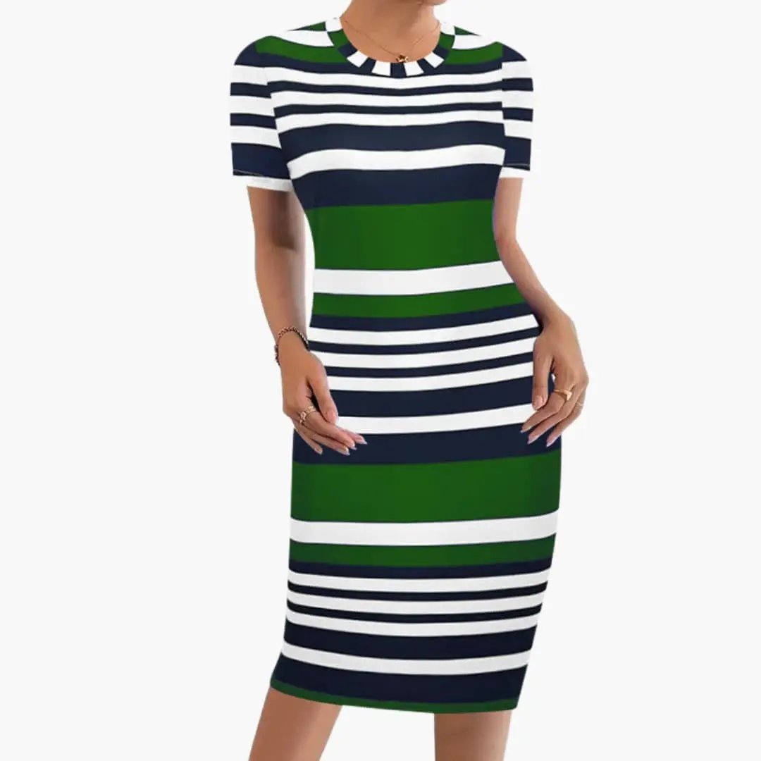 Women’s Striped Dress with Round Neck and Short Sleeves