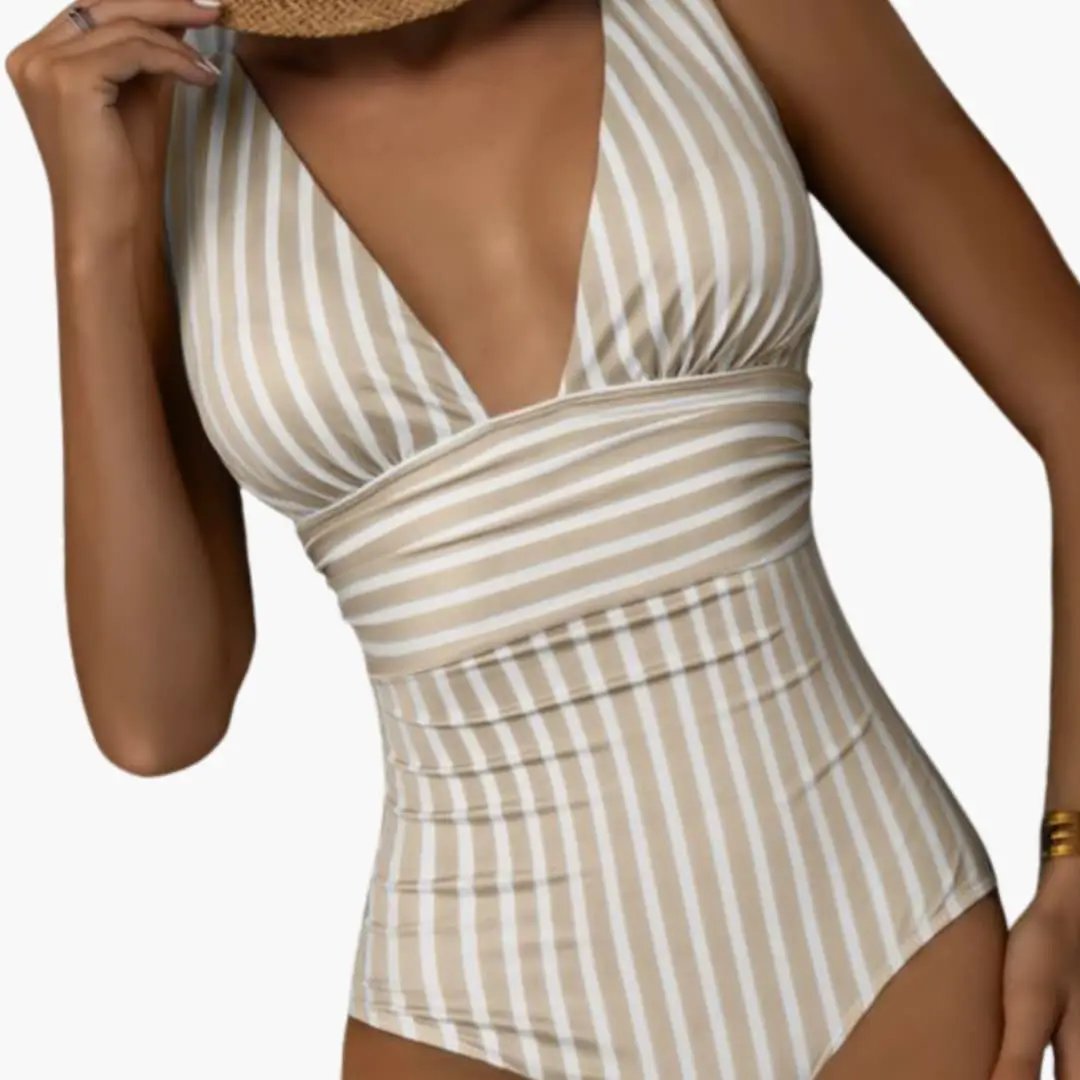 Women’s Striped One-Piece Swimsuit – Scoop Neck Bathing Suit with Wide Straps