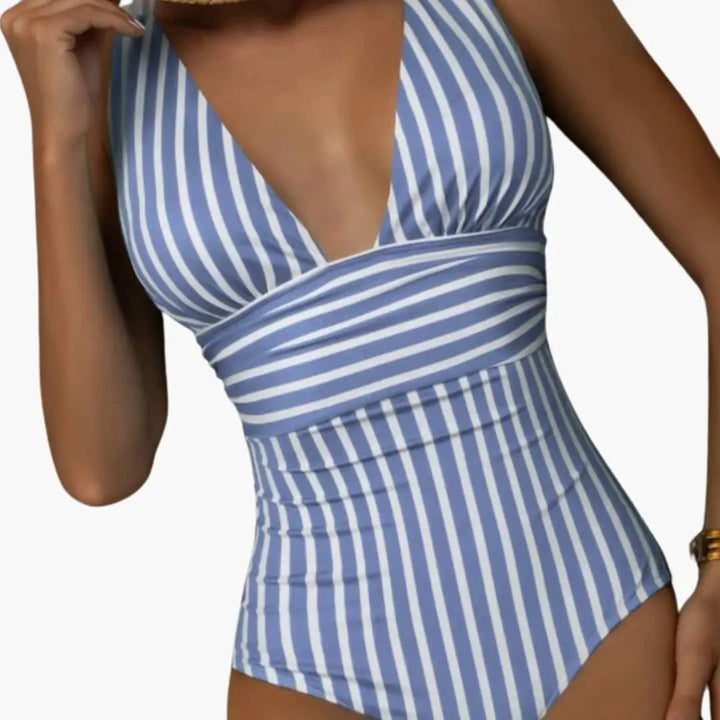 Women’s Striped One-Piece Swimsuit – Scoop Neck Bathing Suit with Wide Straps