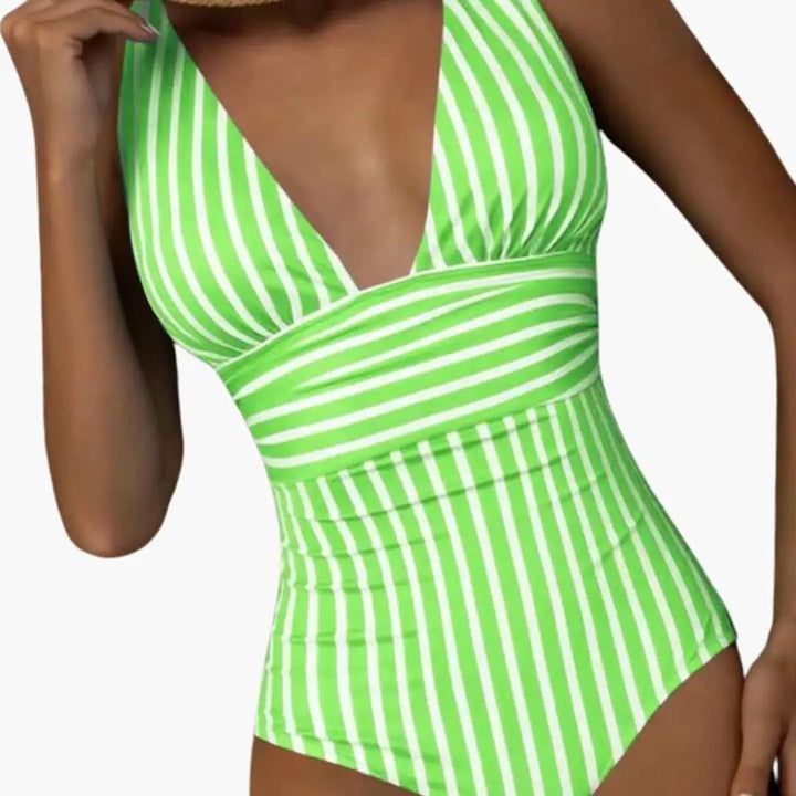 Women’s Striped One-Piece Swimsuit – Scoop Neck Bathing Suit with Wide Straps