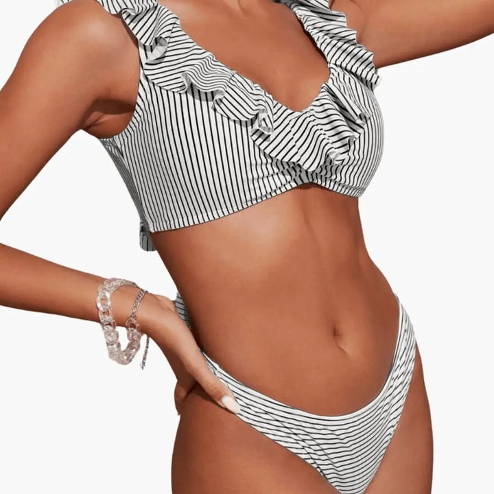 Women’s Striped Ruffle Bikini Set with Tie-Side Bottom