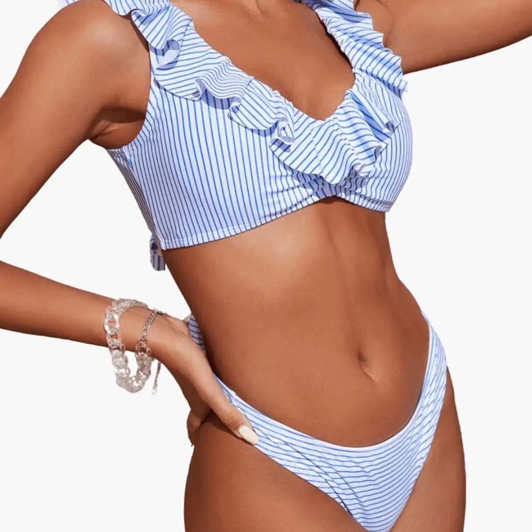 Women’s Striped Ruffle Bikini Set with Tie-Side Bottom