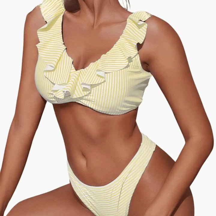 Women’s Striped Ruffle Bikini Set with Tie-Side Bottom