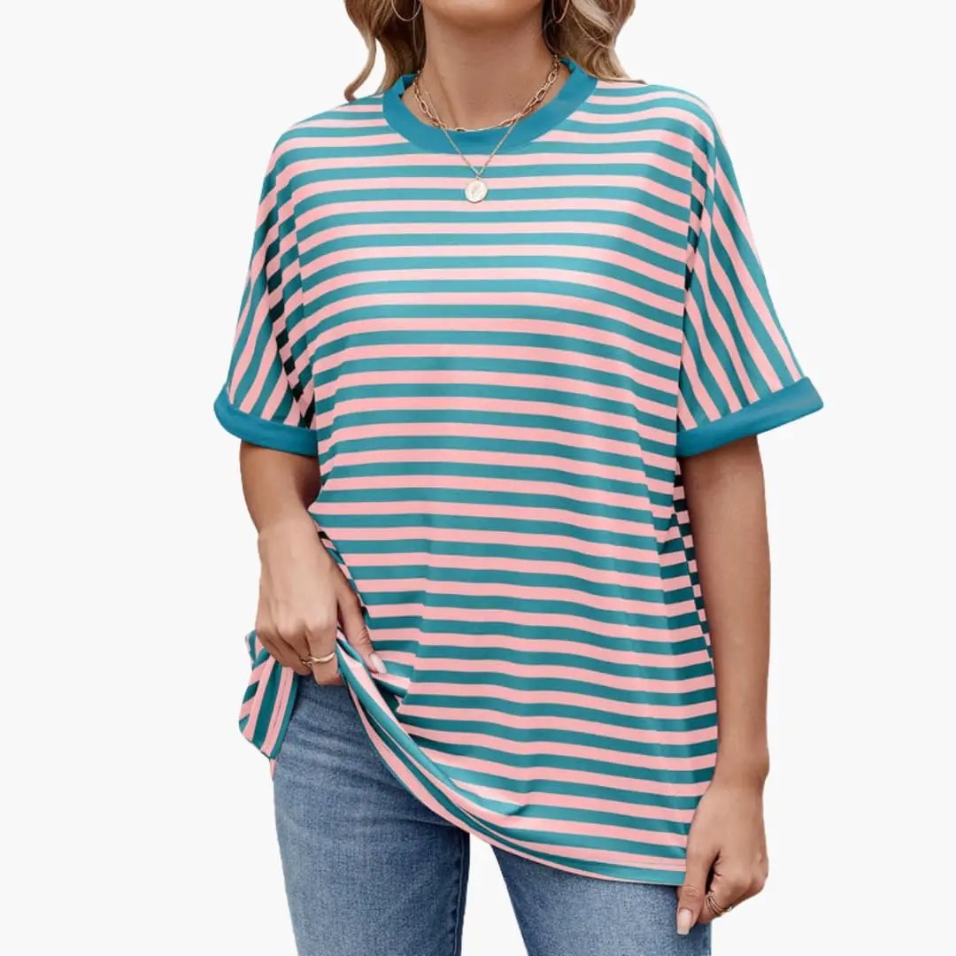 Women’s Striped T-Shirt with Contrast Pattern and Short Sleeves