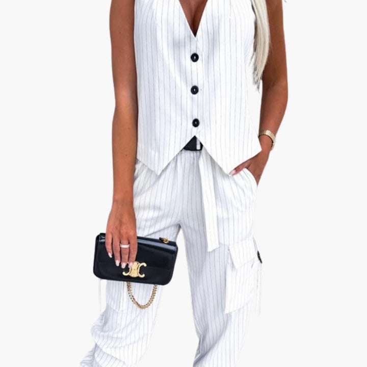 Women’s Striped Two-Piece Suit Set - Sleeveless Top and Cuffed Pants