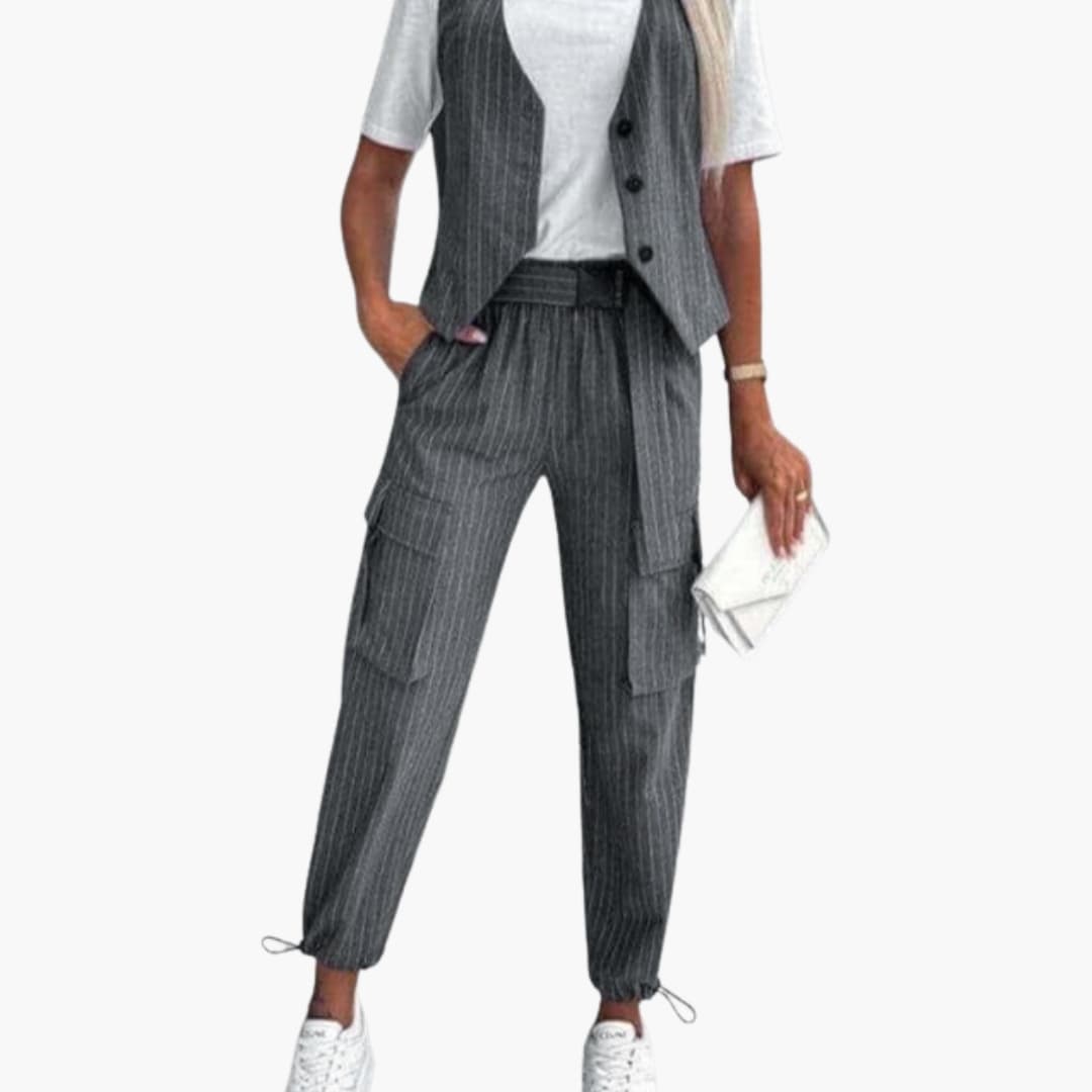 Women’s Striped Two-Piece Suit Set - Sleeveless Top and Cuffed Pants