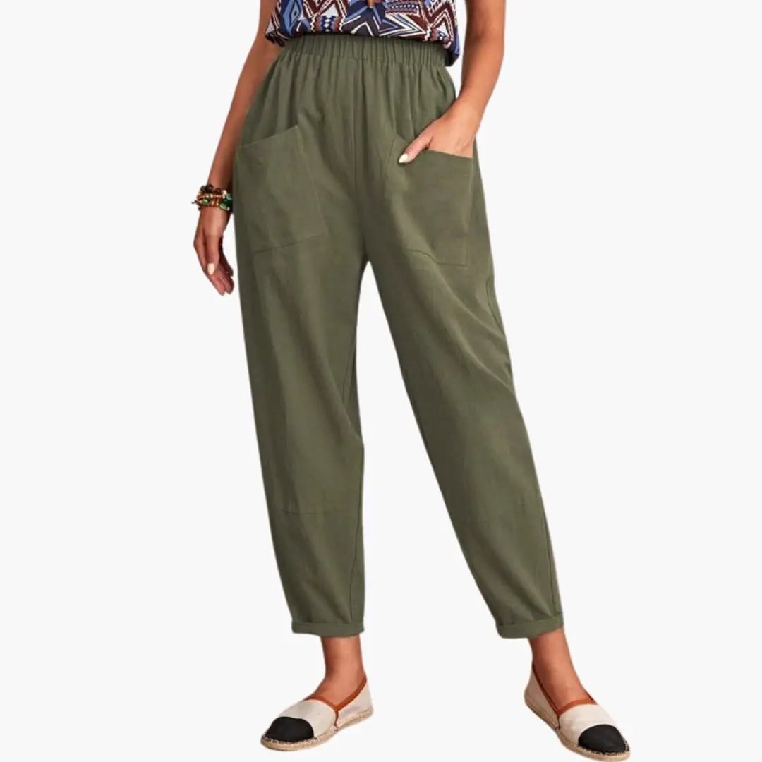Women’s Summer Pants with Elastic Waist and Side Pockets – Loose Full-Length Trousers