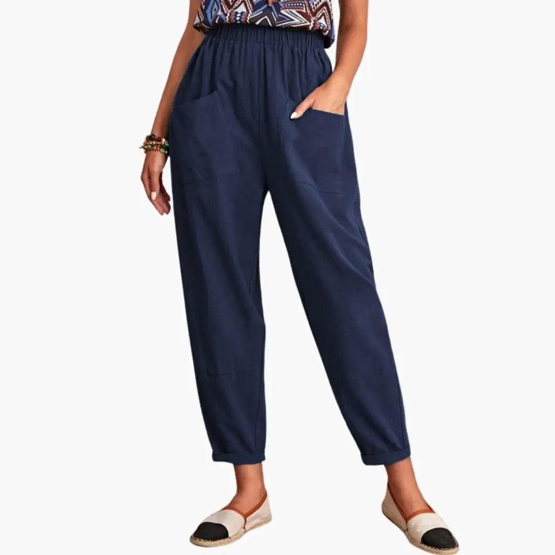 Women’s Summer Pants with Elastic Waist and Side Pockets – Loose Full-Length Trousers