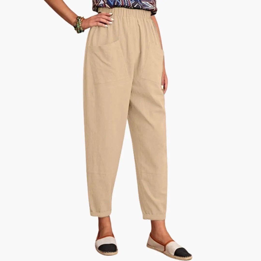 Women’s Summer Pants with Elastic Waist and Side Pockets – Loose Full-Length Trousers