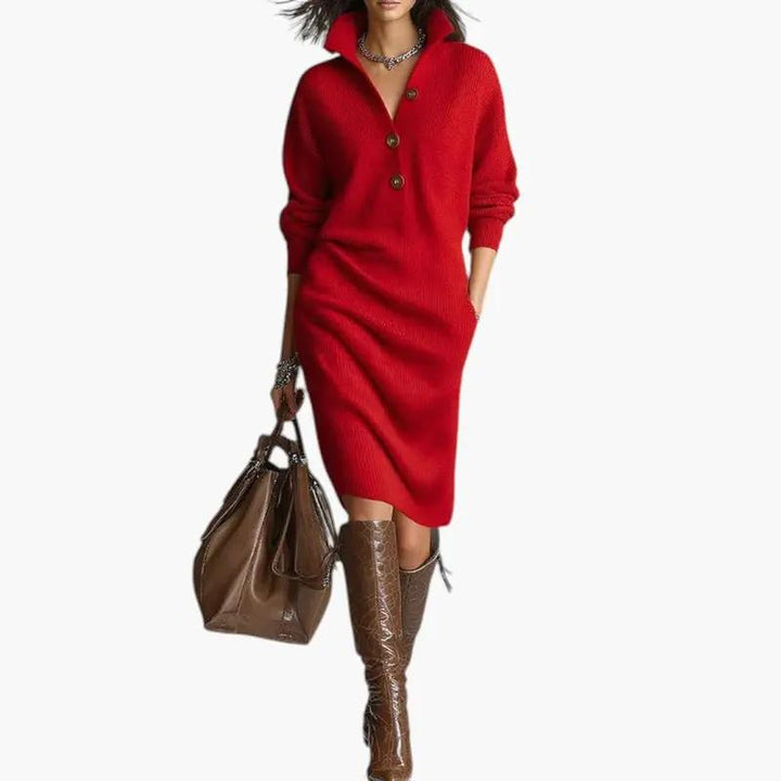 Women's Sweater Dress with Ribbed Knit and Button Neckline