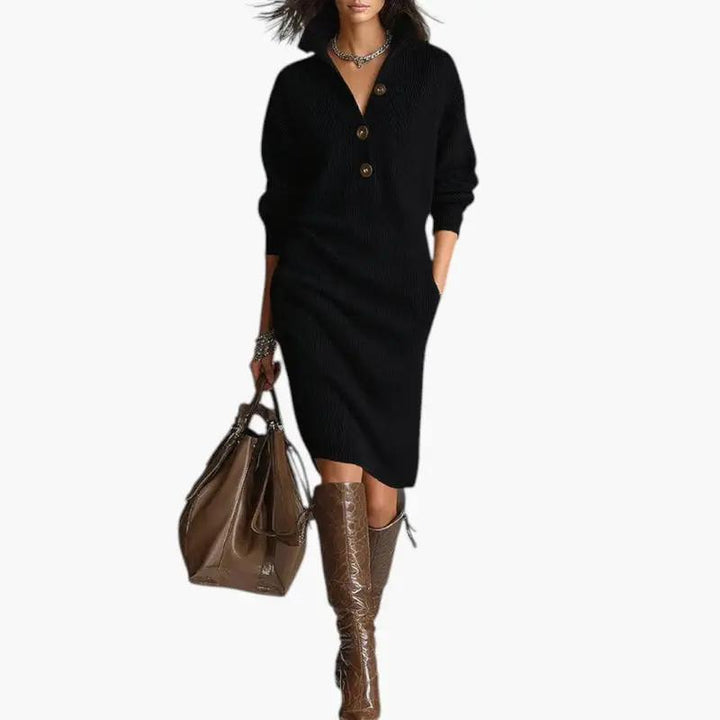 Women's Sweater Dress with Ribbed Knit and Button Neckline