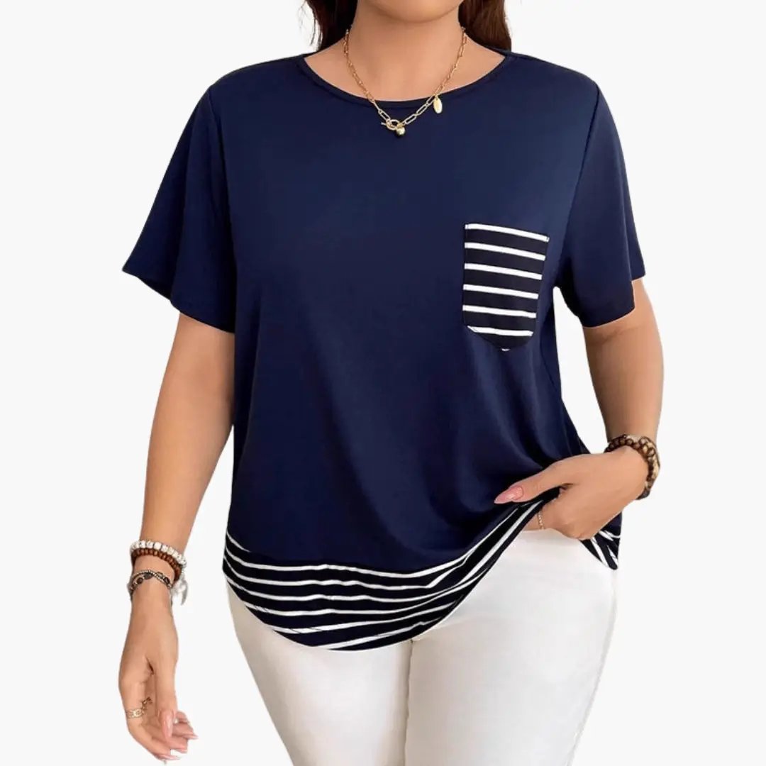 Women’s T-Shirt with Chest Pocket and Striped Hem