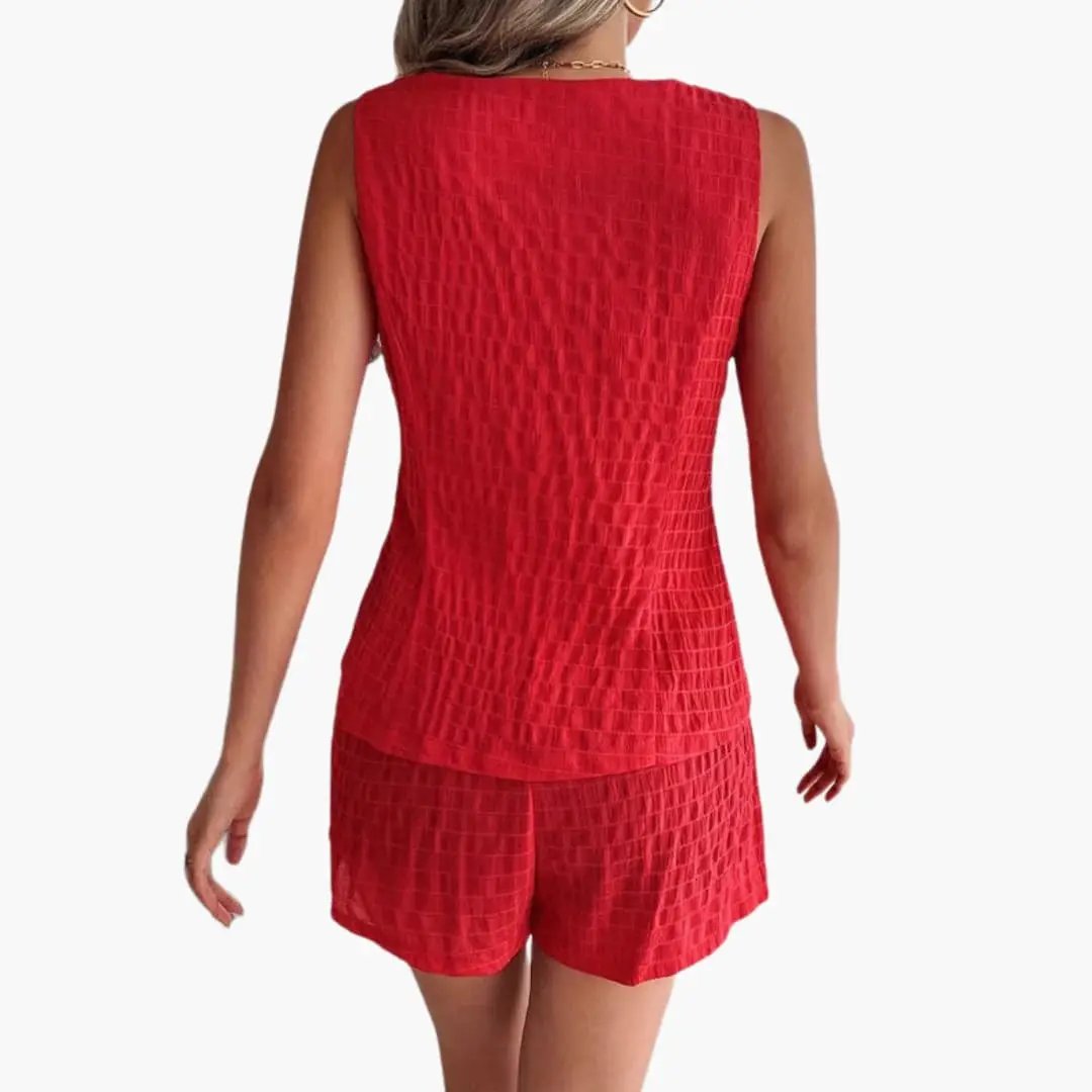 Women’s Textured V-Neck Top and Shorts Set – Two-Piece Outfit