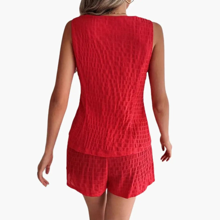 Women’s Textured V-Neck Top and Shorts Set – Two-Piece Outfit