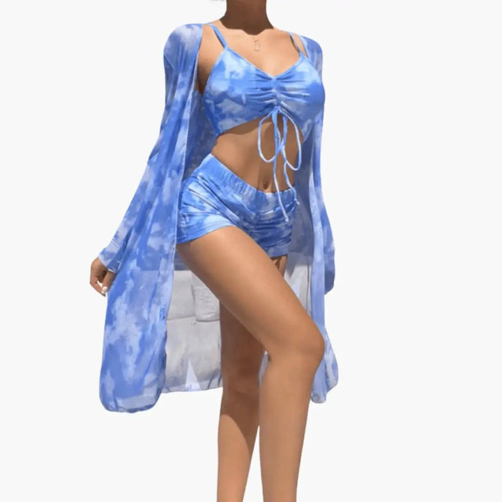 Women’s Three-Piece Bikini Set with V-Neck Top and Tie-Dye Cover-Up