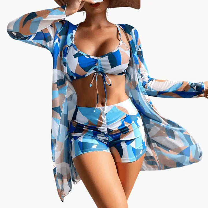 Women’s Three-Piece Bikini Set with V-Neck Top and Tie-Dye Cover-Up
