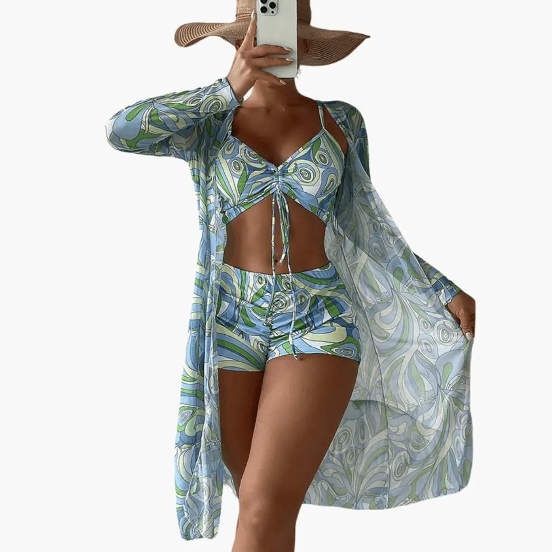 Women’s Three-Piece Bikini Set with V-Neck Top and Tie-Dye Cover-Up