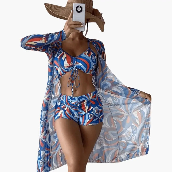 Women’s Three-Piece Bikini Set with V-Neck Top and Tie-Dye Cover-Up