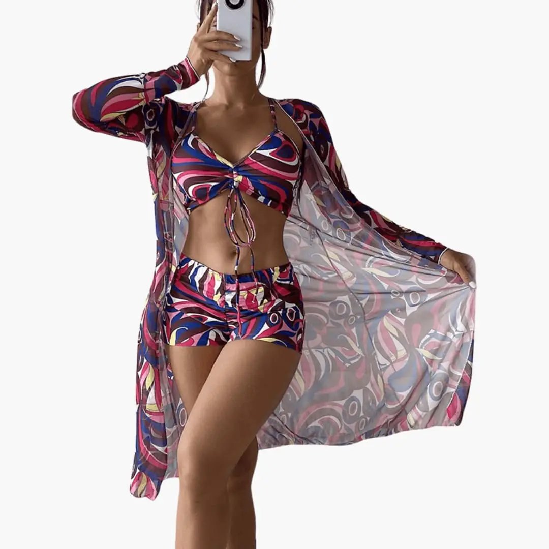 Women’s Three-Piece Bikini Set with V-Neck Top and Tie-Dye Cover-Up