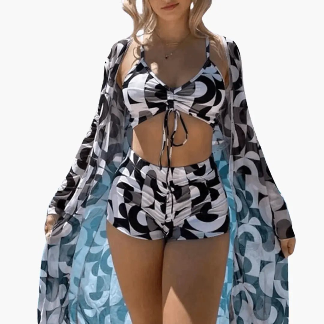 Women’s Three-Piece Bikini Set with V-Neck Top and Tie-Dye Cover-Up