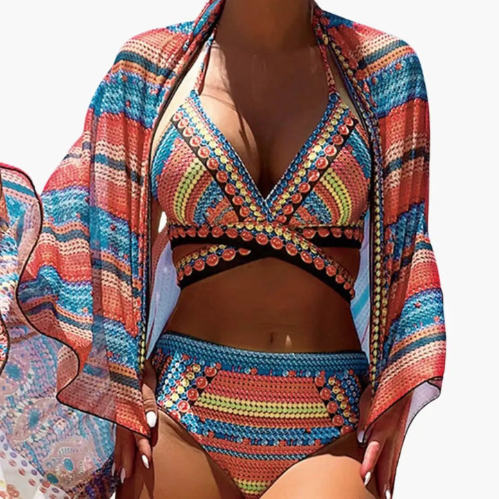 Women’s Three-Piece High-Waisted Bikini Set with Cross Strap Back