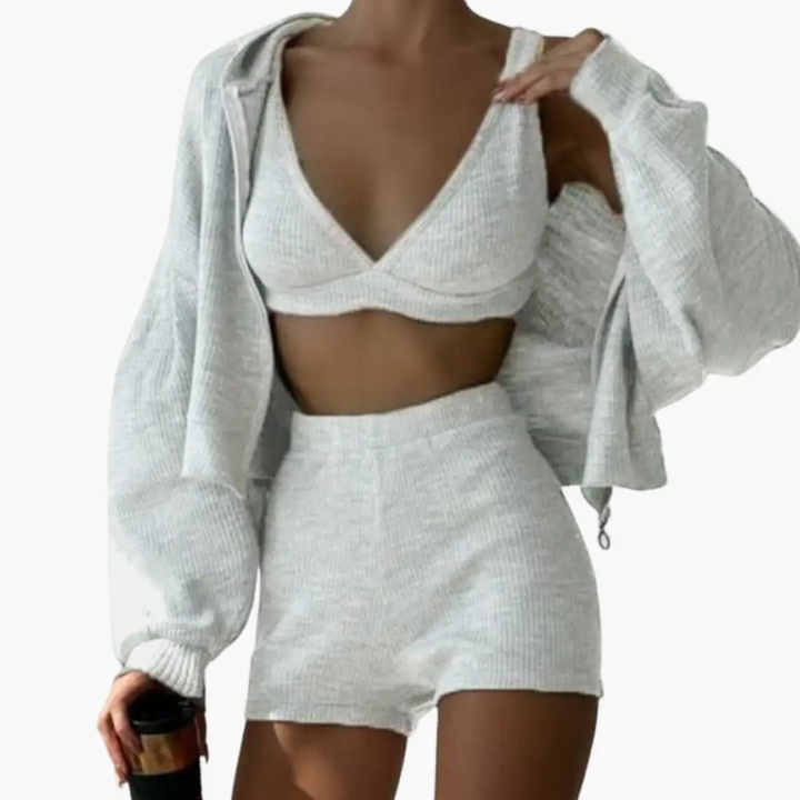 Women’s Three-Piece Set with Crop Top - Hoodie - and Shorts