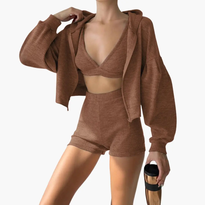 Women’s Three-Piece Set with Crop Top - Hoodie - and Shorts