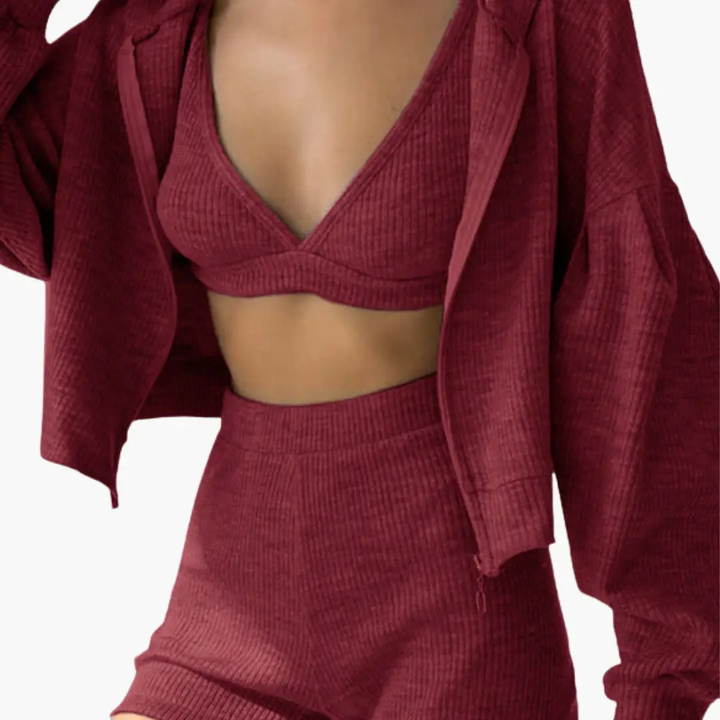 Women’s Three-Piece Set with Crop Top - Hoodie - and Shorts