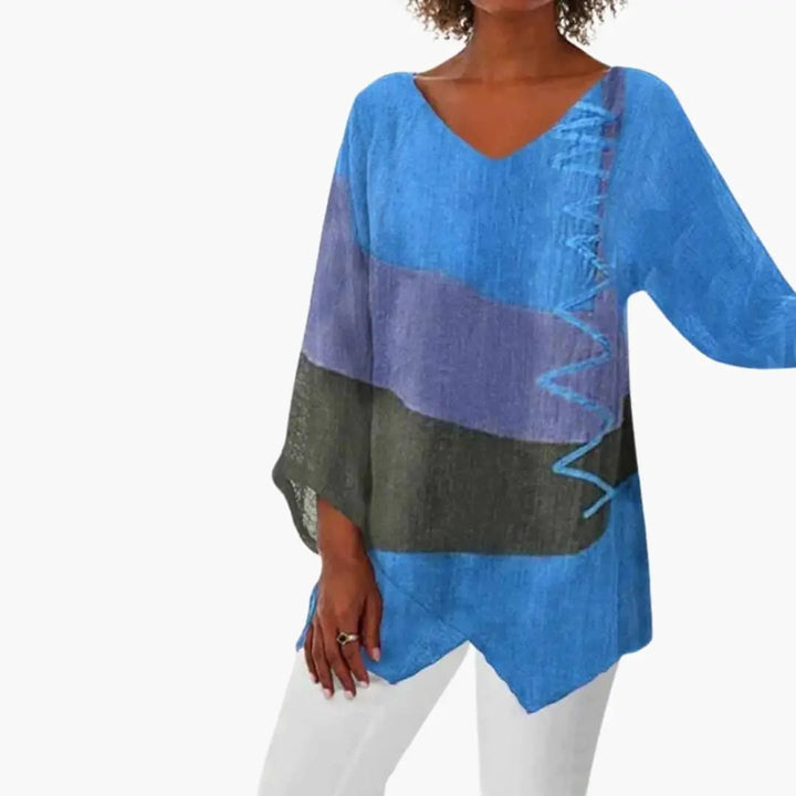 Women’s Tricolor Long Sleeve Blouse Relaxed Fit Crew Neck Woven Top