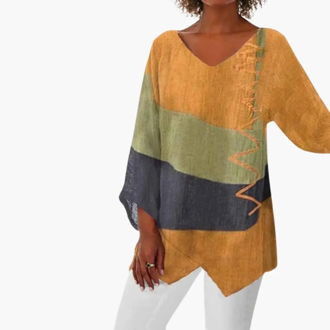 Women’s Tricolor Long Sleeve Blouse Relaxed Fit Crew Neck Woven Top