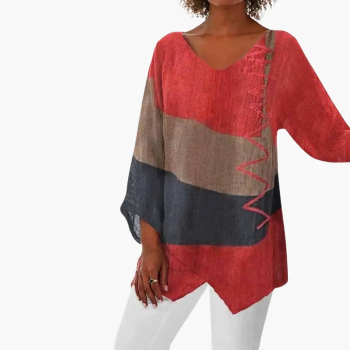Women’s Tricolor Long Sleeve Blouse Relaxed Fit Crew Neck Woven Top
