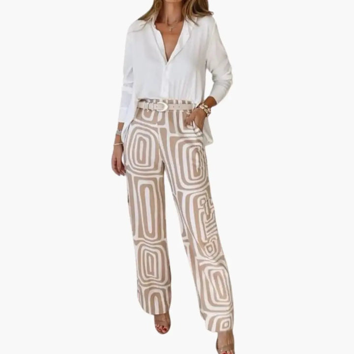 Women’s Two-Piece Blouse and Pants Set – Long Sleeve Button-Down Top with Straight Leg Pants