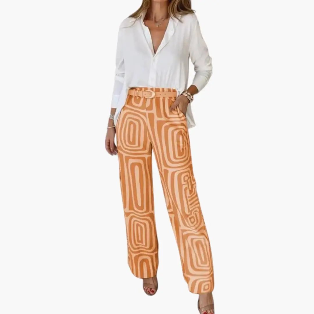 Women’s Two-Piece Blouse and Pants Set – Long Sleeve Button-Down Top with Straight Leg Pants