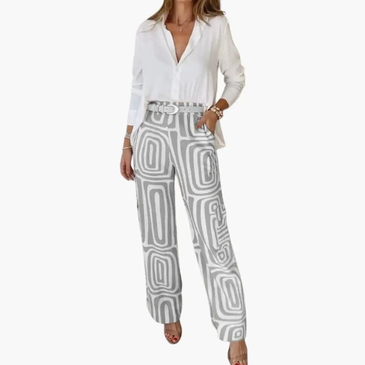 Women’s Two-Piece Blouse and Pants Set – Long Sleeve Button-Down Top with Straight Leg Pants