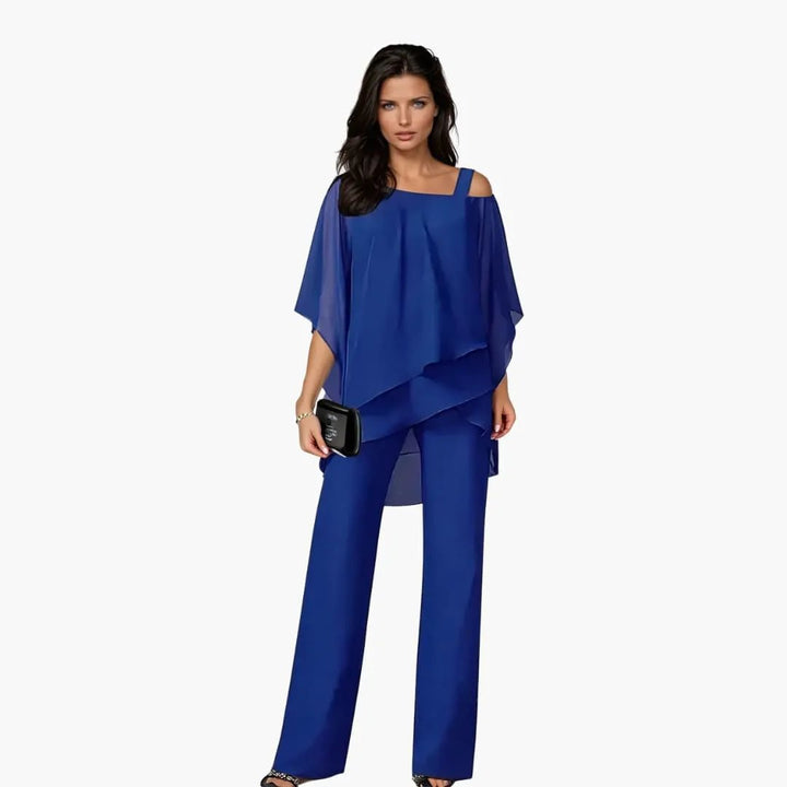 Women's Two-Piece Outfit Asymmetrical Layered Top and Wide Leg Pants Set